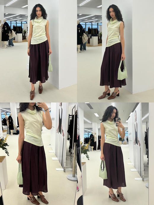 HIDEMI 极简设计感堆叠荡漾领缎面再生纤维飘逸感定染勃艮第红套装 上衣/阔腿裙裤 商品图3