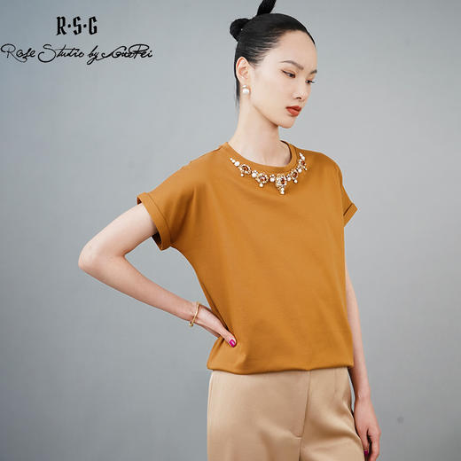 RSG郭培成衣品牌巴洛克宫廷风奢华钻饰连肩袖纯棉T恤 商品图0