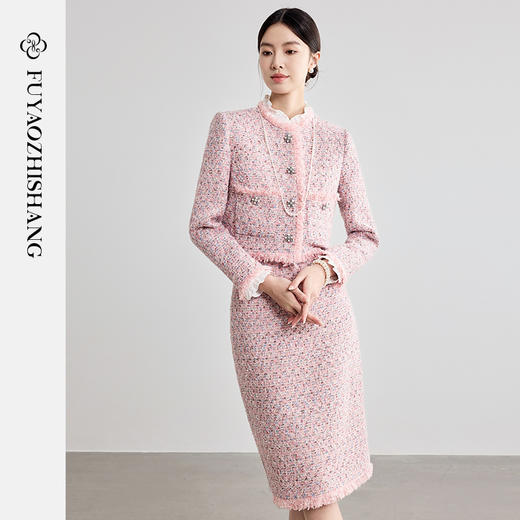 FUYAO扶摇 粉色小香风西装外套女2025早春新款女神范粗花呢套装裙 商品图1