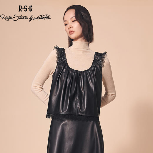 RSG郭培成衣品牌U领简约褶皱皮背心蕾丝百搭马甲黑色 商品图1