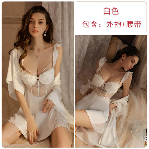 【珍珠链装饰❗️纯欲蕾丝刺绣睡裙】自带胸垫，免穿内衣文胸！美背甜美深V钢圈吊带睡衣家居服 商品图12