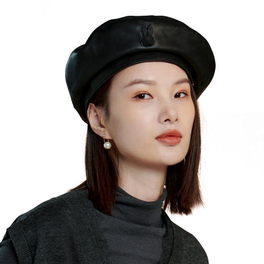 RSG郭培成衣品牌春秋季纯色简约装饰英伦皮质贝雷帽子黑色 商品图4