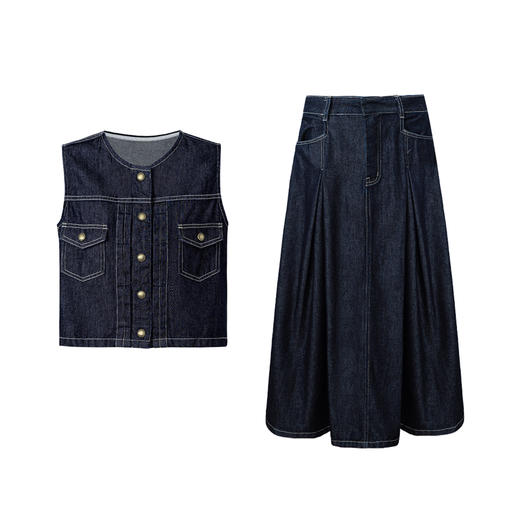 SELFWHO棉莱赛尔混纺复古牛仔马甲女2025夏新款无袖短款马夹套装 商品图4