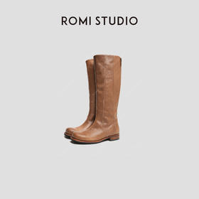 ROMI STUDIO“复古英伦”休闲简约圆方头显瘦侧拉链高筒靴 23AWS012