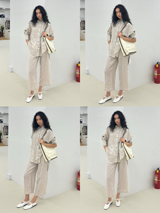 HIDEMI 甄选天然百分水洗做旧感色织亚麻极简廓形衬衫阔腿裤套装 商品图2