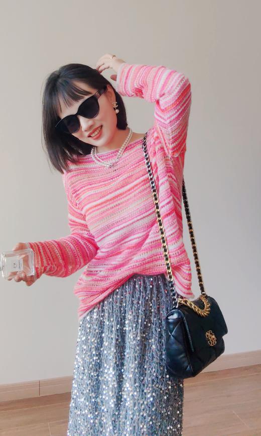 2025春新款钩花百搭条纹镂空宽松圆领长袖薄款针织衫 商品图1