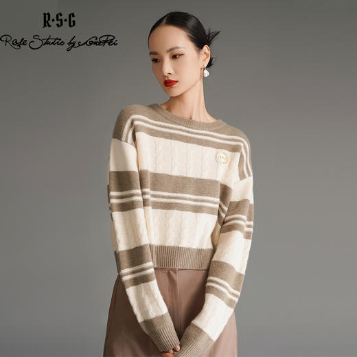 RSG郭培成衣品牌冬季保暖美拉德撞色条纹羊绒休闲学院风复古毛衣 商品图0