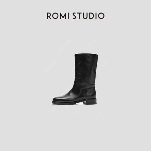 ROMI STUDIO“复古小众”率性百搭英伦方头粗跟黑色中筒靴 23AWS006 商品图1