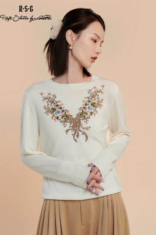 RSG郭培线上成衣品牌纯羊毛蝴蝶花朵刺绣点钻针织衫上衣女装 商品图5