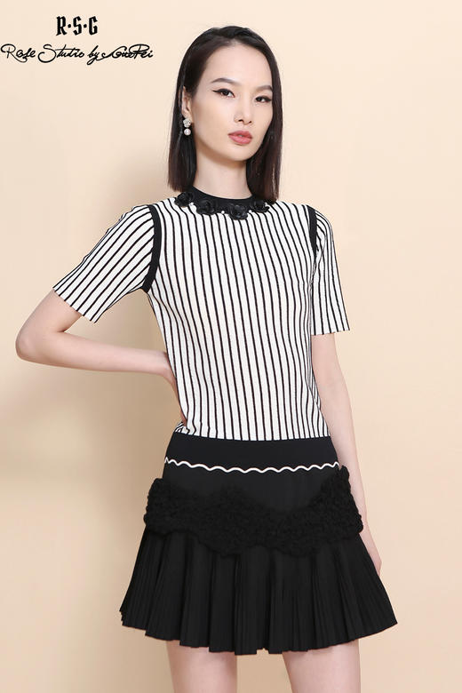 RSG郭培成衣品牌2023夏季新款装饰条纹小香风针织圆领T恤上衣 商品图5