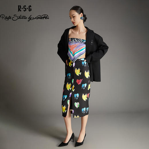 RSG郭培成衣品牌复古直筒裙心形不规则图案前开衩设计时尚半身裙 商品图3