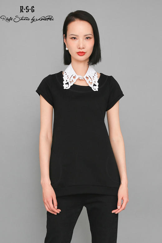 RSG郭培成衣品牌原创设计镂空刺绣珍珠缀饰领纯棉T恤短袖女夏 商品图5