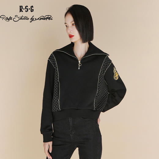 RSG郭培成衣品牌高光十刻金标点钻黑色翻领套头长袖卫衣女装 商品图1