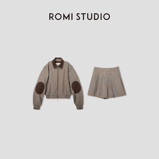 美式复古咖格纹夹克外套百褶半裙套装W3034/K3035拼接 商品图0