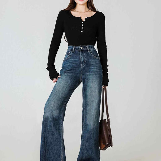 顺丰包邮35117洛诗琳春季新款高腰直筒显瘦微喇牛仔裤女25107 商品图1