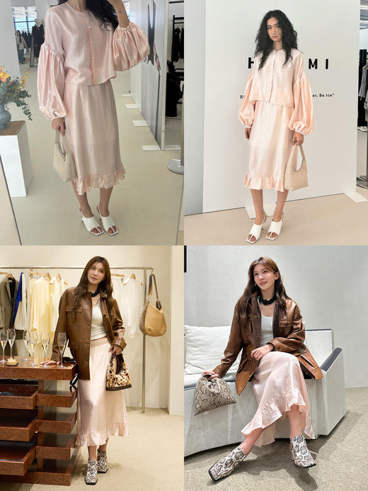 HIDEMI 极简设计感泡泡袖定染柔雾粉桑蚕丝混纺再生纤维廓形感套装 衬衫/半裙 商品图4