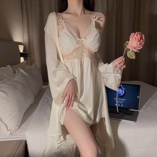 【性感纯欲❗缎面冰丝蕾丝睡衣】柔顺冰丝与蕾丝花边结合，平整抗皱耐磨不起球，高级感吊带胸垫丝绸睡裙薄款春夏家居服QQ 商品图0