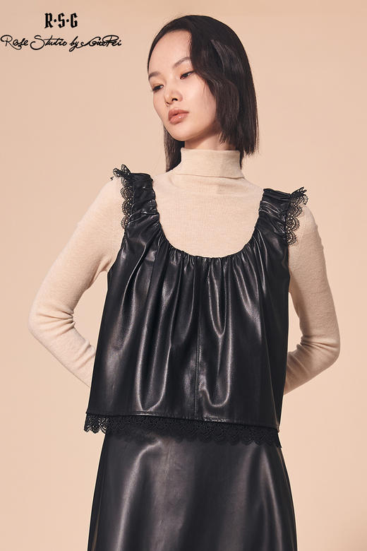 RSG郭培成衣品牌U领简约褶皱皮背心蕾丝百搭马甲黑色 商品图5