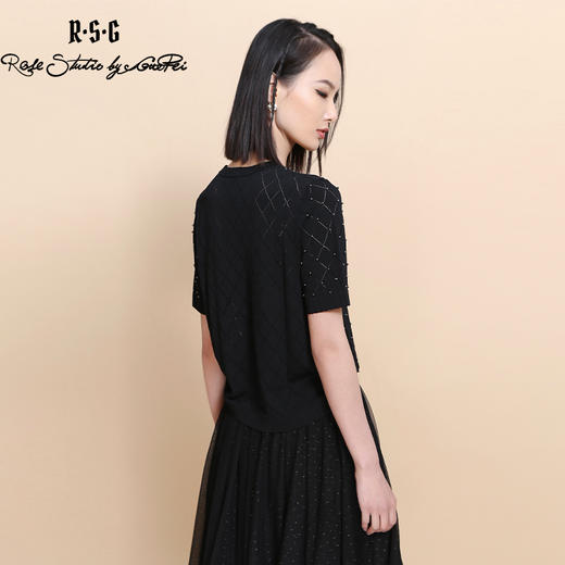 RSG郭培成衣品牌 夏季新款镂空钉珠装饰格纹针织薄款上衣 商品图3