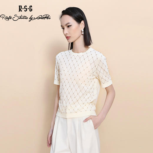 RSG郭培成衣品牌 夏季新款镂空钉珠装饰格纹针织薄款上衣 商品图1