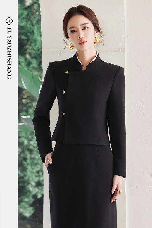 FUYAO扶摇 新中式西装两件套女2025春季新款国风经典黑半身裙套装 商品图5
