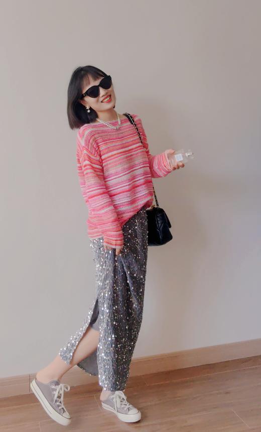 2025春新款钩花百搭条纹镂空宽松圆领长袖薄款针织衫 商品图2