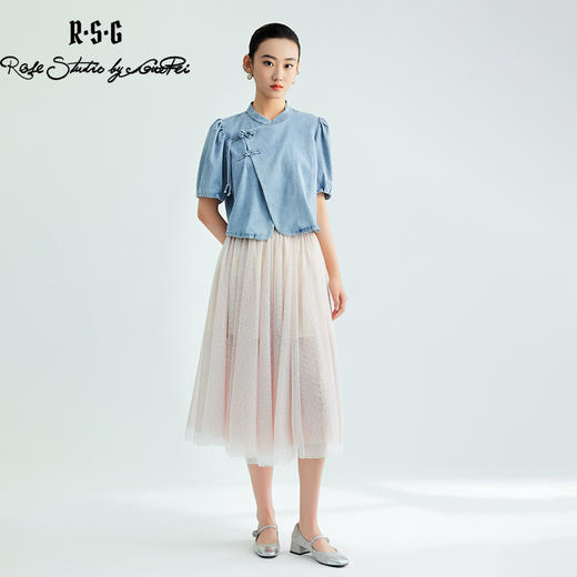 郭培成衣品牌新中式盘扣泡泡袖牛仔短袖上衣 商品图3