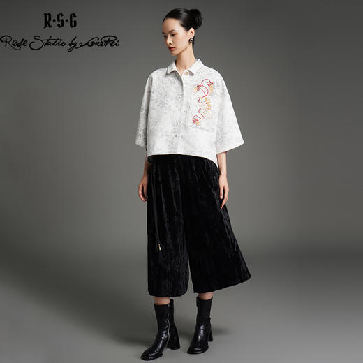 郭培成衣品牌新中式提花流苏丝绒阔腿裤 商品图0