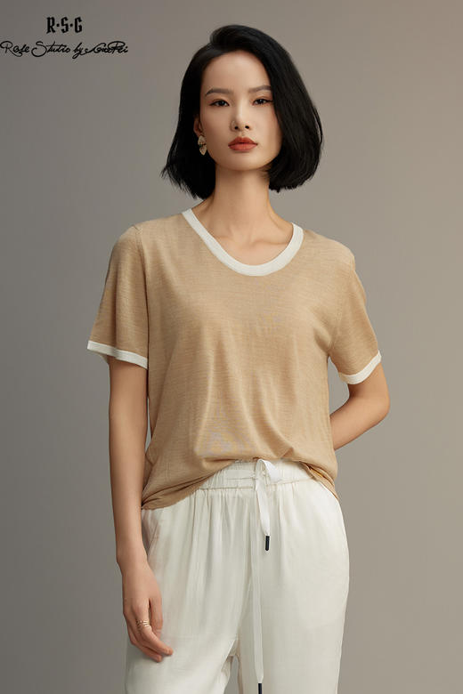 R.S.G精品系列短袖薄款针织衫女装撞色圆领高级感宽松t恤上衣 商品图5