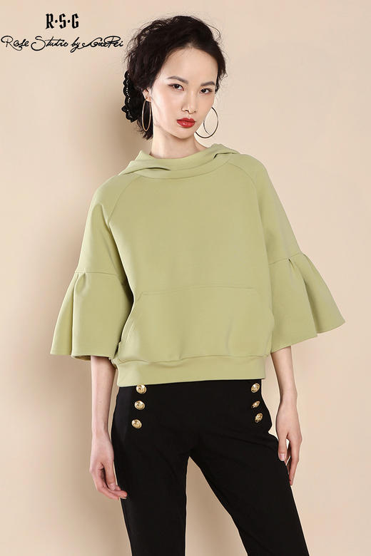 RSG郭培成衣品牌芦苇绿女士连帽休闲半袖上衣卫衣连帽衫女装 商品图5