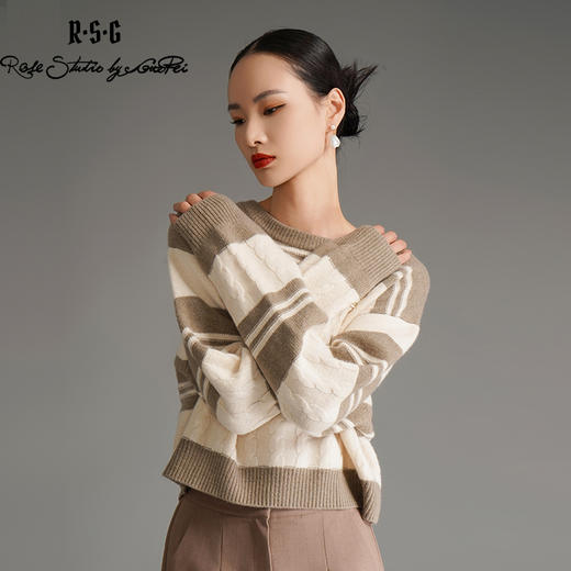 RSG郭培成衣品牌冬季保暖美拉德撞色条纹羊绒休闲学院风复古毛衣 商品图3