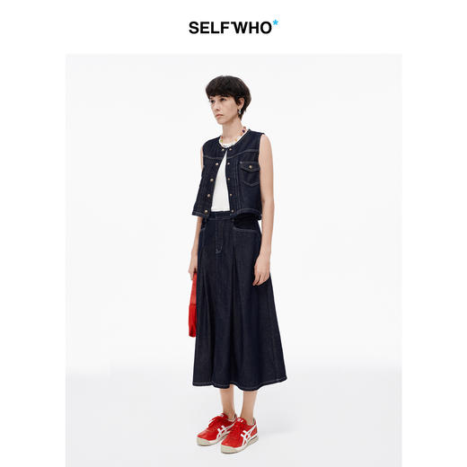 SELFWHO棉莱赛尔混纺复古牛仔半身裙女2025夏新款高腰工字褶A字裙 商品图3
