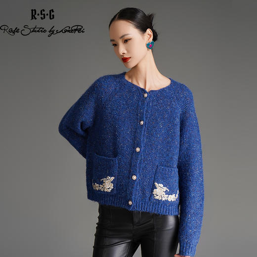 RSG郭培成衣品牌显白蓝色系国风芙蓉花刺绣花纱秋冬开襟毛衣 商品图0
