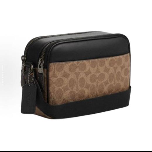 COACH蔻驰 Graham 23 品牌徽标可调节肩带 人造革拼牛皮革 单肩斜挎包 中号 男款 棕黄色拼黑色 商品图1