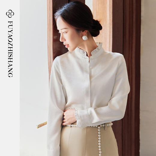 FUYAO扶摇 白色长袖衬衫女2025新款法式雪纺衬衣设计感花边领上衣 商品图0