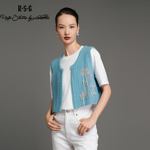 RSG郭培成衣品牌银线芙蓉花刺绣蓝色针织马甲 商品图0