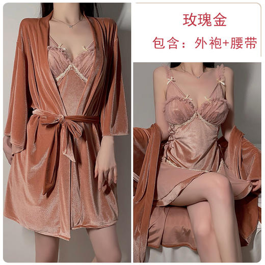 【显瘦显气质❗️蕾丝网纱吊带睡衣】自带胸垫，免穿内衣文胸垫，超舒服❗️丝绒拼接深V加胸垫睡裙舒适外袍家居服女套装 商品图8