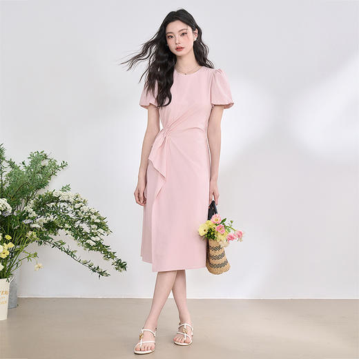 设计感经典荷叶边泡泡袖连衣裙女夏季分割抽绳收腰长裙V0950598 商品图1