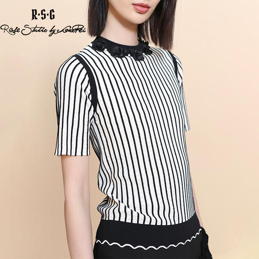 RSG郭培成衣品牌2023夏季新款装饰条纹小香风针织圆领T恤上衣 商品图2