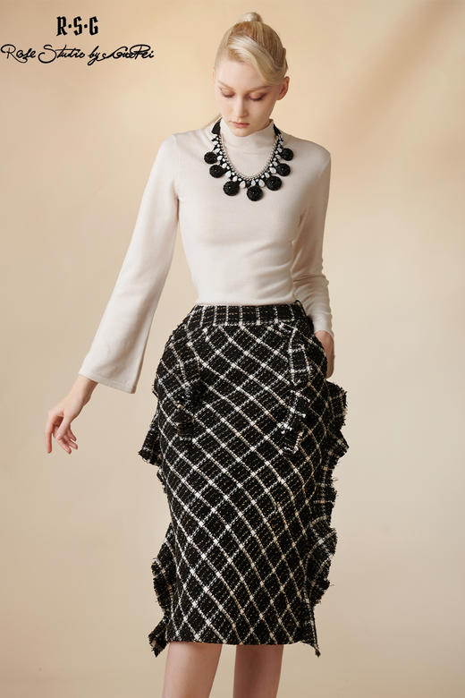 RSG郭培成衣品牌原创设计粗花呢双开衩荷叶边半身包臀裙 商品图5