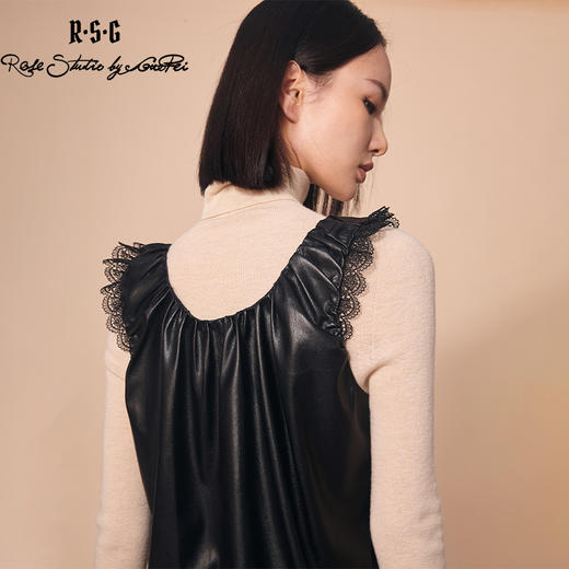 RSG郭培成衣品牌U领简约褶皱皮背心蕾丝百搭马甲黑色 商品图2