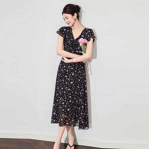 【高货wl】全新升级【铂金会员330/天猫439/差价109】(02250) 洛诗琳新款轻熟风浪漫优雅碎花V领叠襟荷叶袖收腰连衣裙女 商品图0