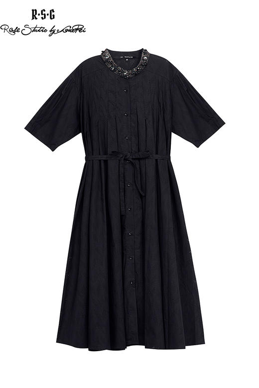 RSG郭培成衣品牌原创设计领口钉珠装饰泡泡袖纯棉百褶连衣裙 商品图4