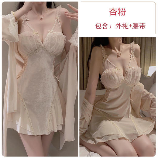 【显瘦显气质❗️蕾丝网纱吊带睡衣】自带胸垫，免穿内衣文胸垫，超舒服❗️丝绒拼接深V加胸垫睡裙舒适外袍家居服女套装 商品图6