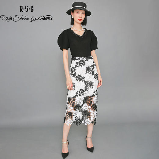 RSG郭培成衣品牌撞色拼接设计感蕾丝花朵优雅半身裙收腰包臀 商品图1