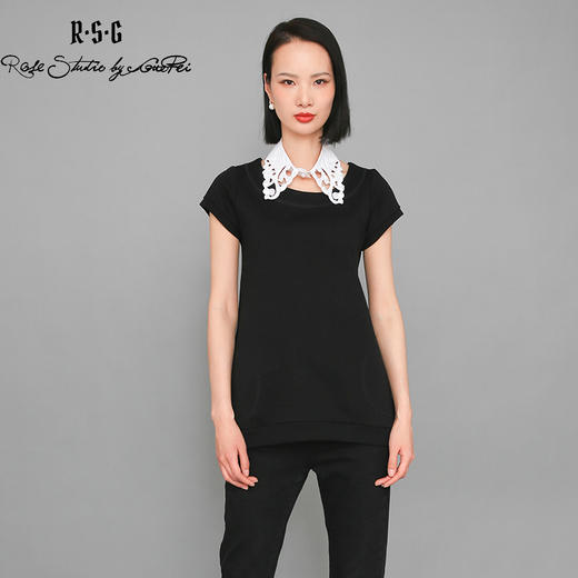 RSG郭培成衣品牌原创设计镂空刺绣珍珠缀饰领纯棉T恤短袖女夏 商品图0