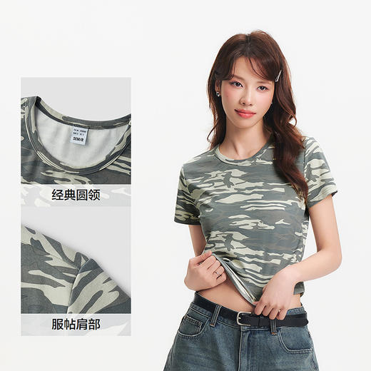 森马短袖T恤女短款小个子潮酷街头2025新款夏季修身迷彩上衣复古 商品图3