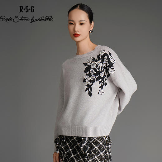 RSG郭培成衣品牌国风千鸟格立体设计芙蓉花灰色高级秋冬保暖毛衣 商品图0