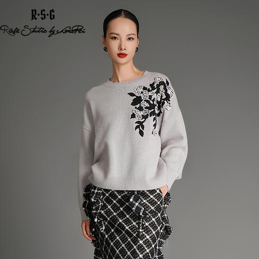 RSG郭培成衣品牌国风千鸟格立体设计芙蓉花灰色高级秋冬保暖毛衣 商品图2