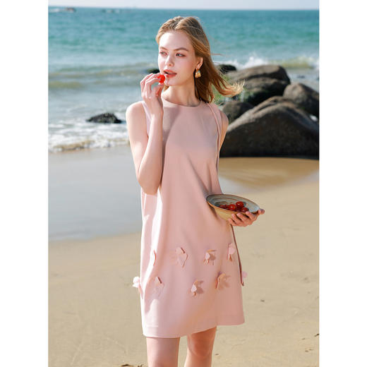 三彩2025夏季新款设计感飘带圆领连衣裙立体花朵无袖短裙M 商品图2